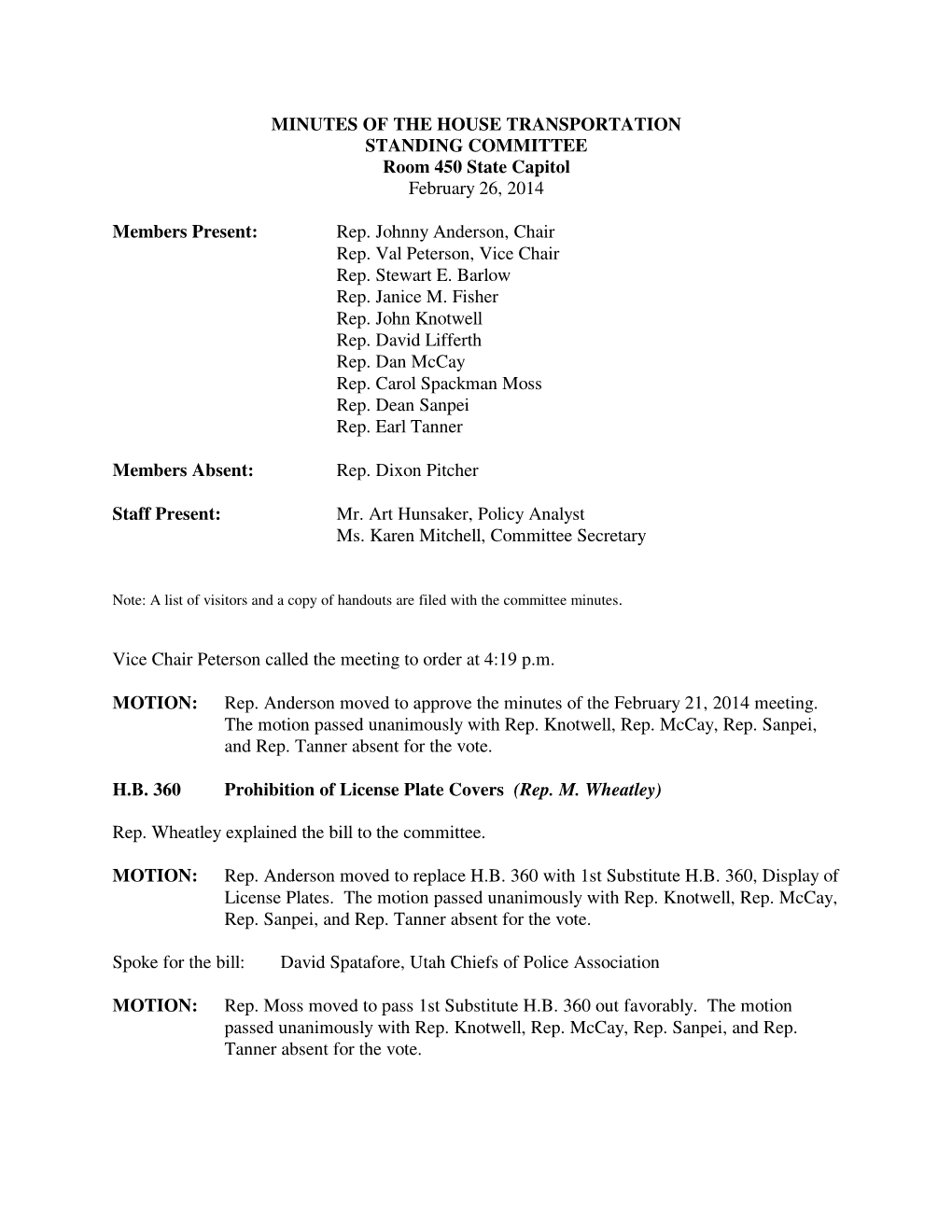 Minutes for House Transportation Committee 02/26