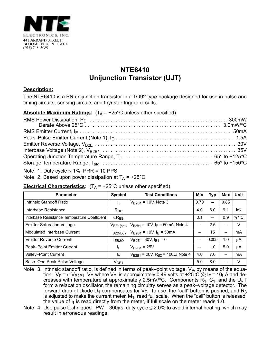 NTE6410 Unijunction Transistor (UJT)