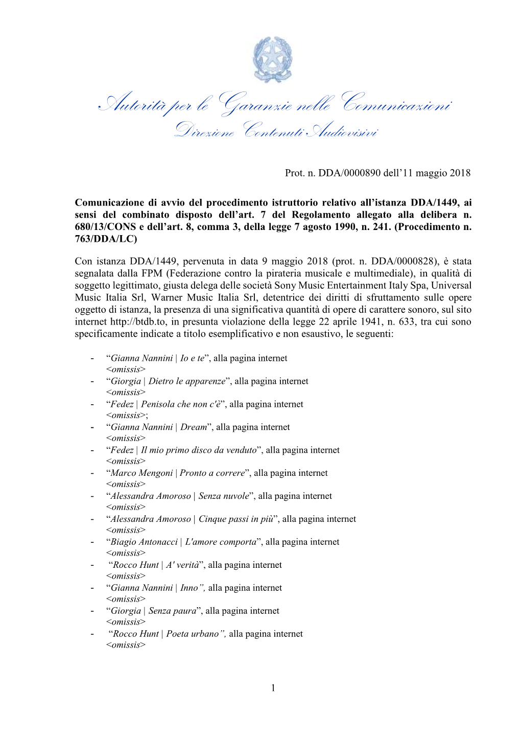 Autorità Per Le Garanzie Nelle Comunicazioni Direzione Contenuti Audiovisivi