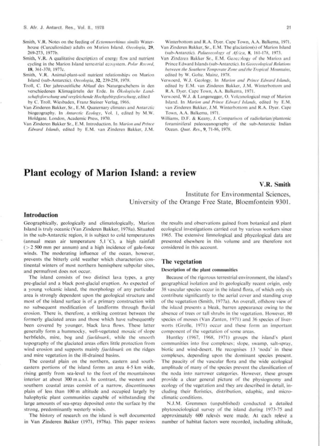 Plant Ecology of Marion Island: a Review V.R