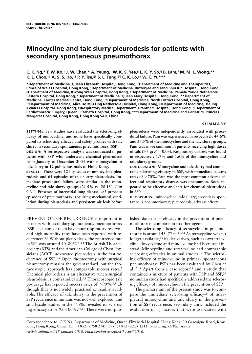 Minocycline and Talc Slurry Pleurodesis for Patients with Secondary Spontaneous Pneumothorax