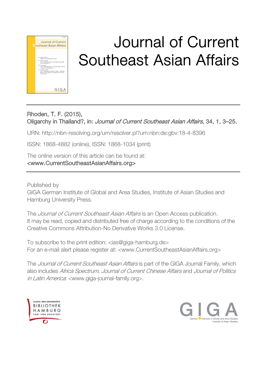 Journal of Current Southeast Asian Affairs, Vol 34, No 1