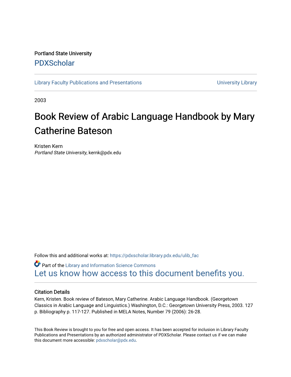 Book Review of Arabic Language Handbook by Mary Catherine Bateson