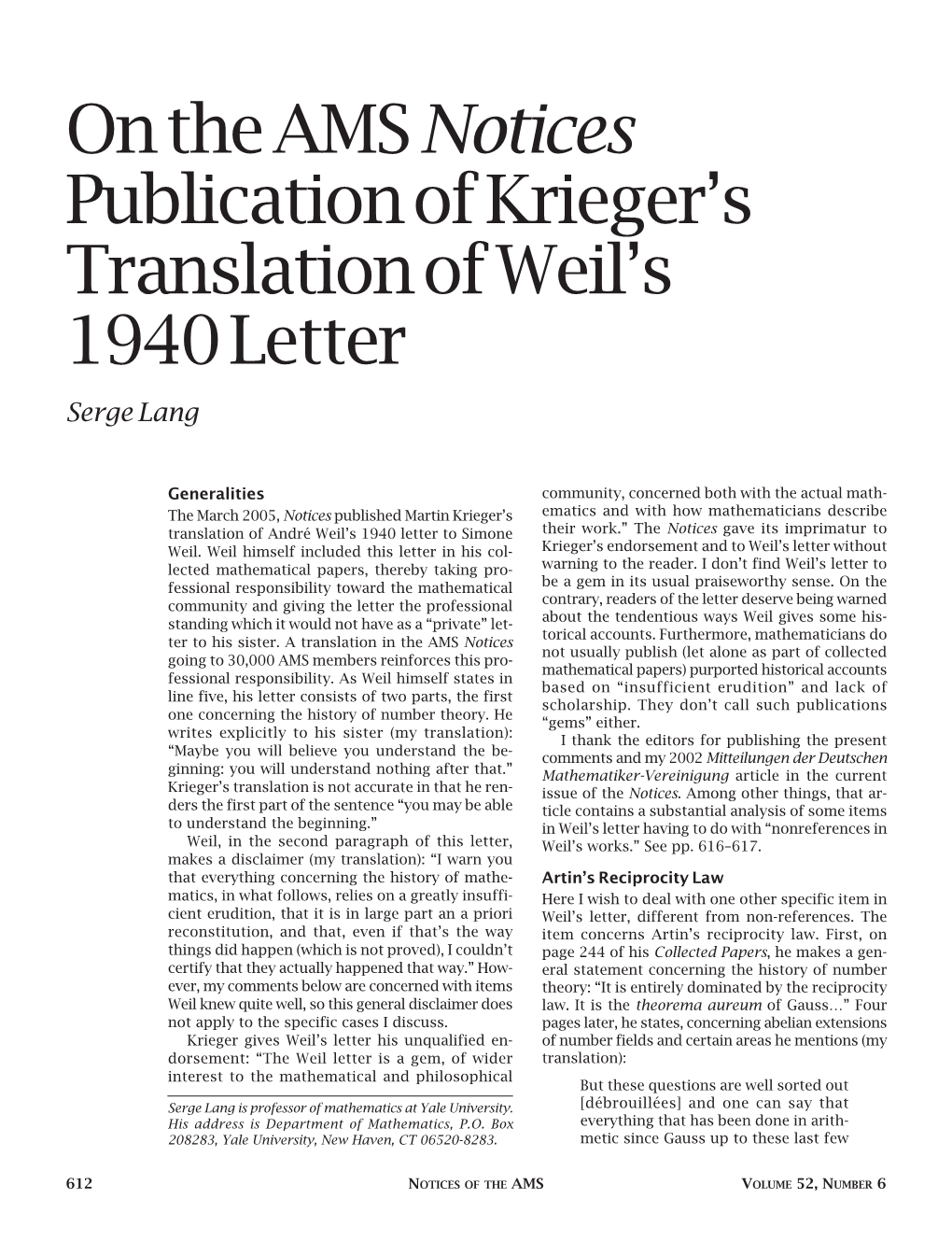 On the AMS Notices Publication of Krieger's Translation of Weil's 1940