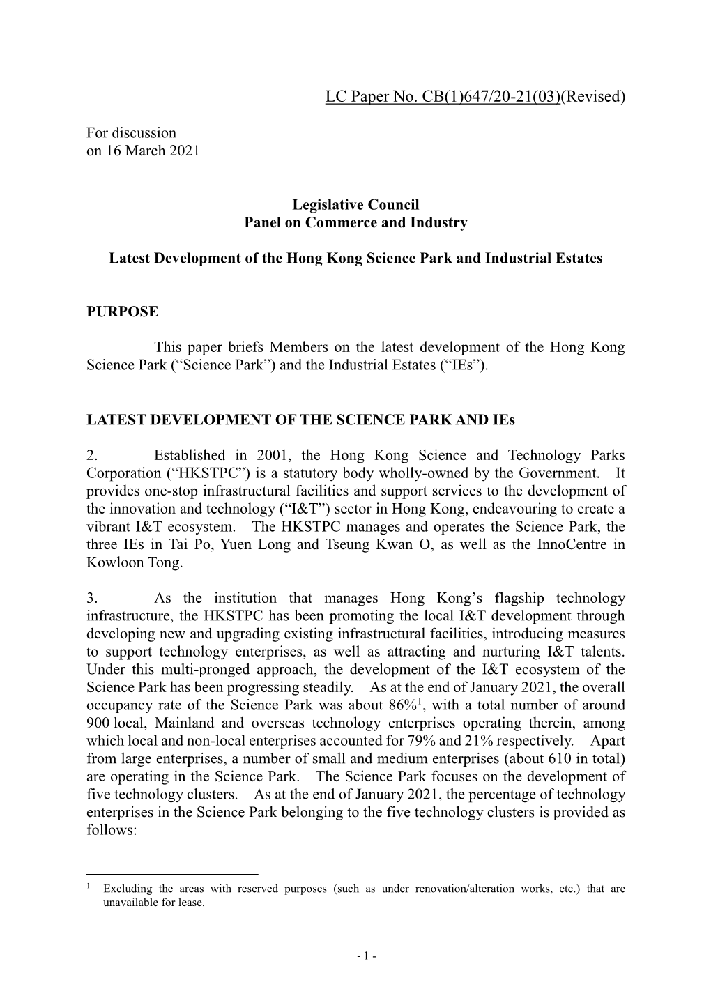 Administration's Paper on "Latest Development of the Hong Kong