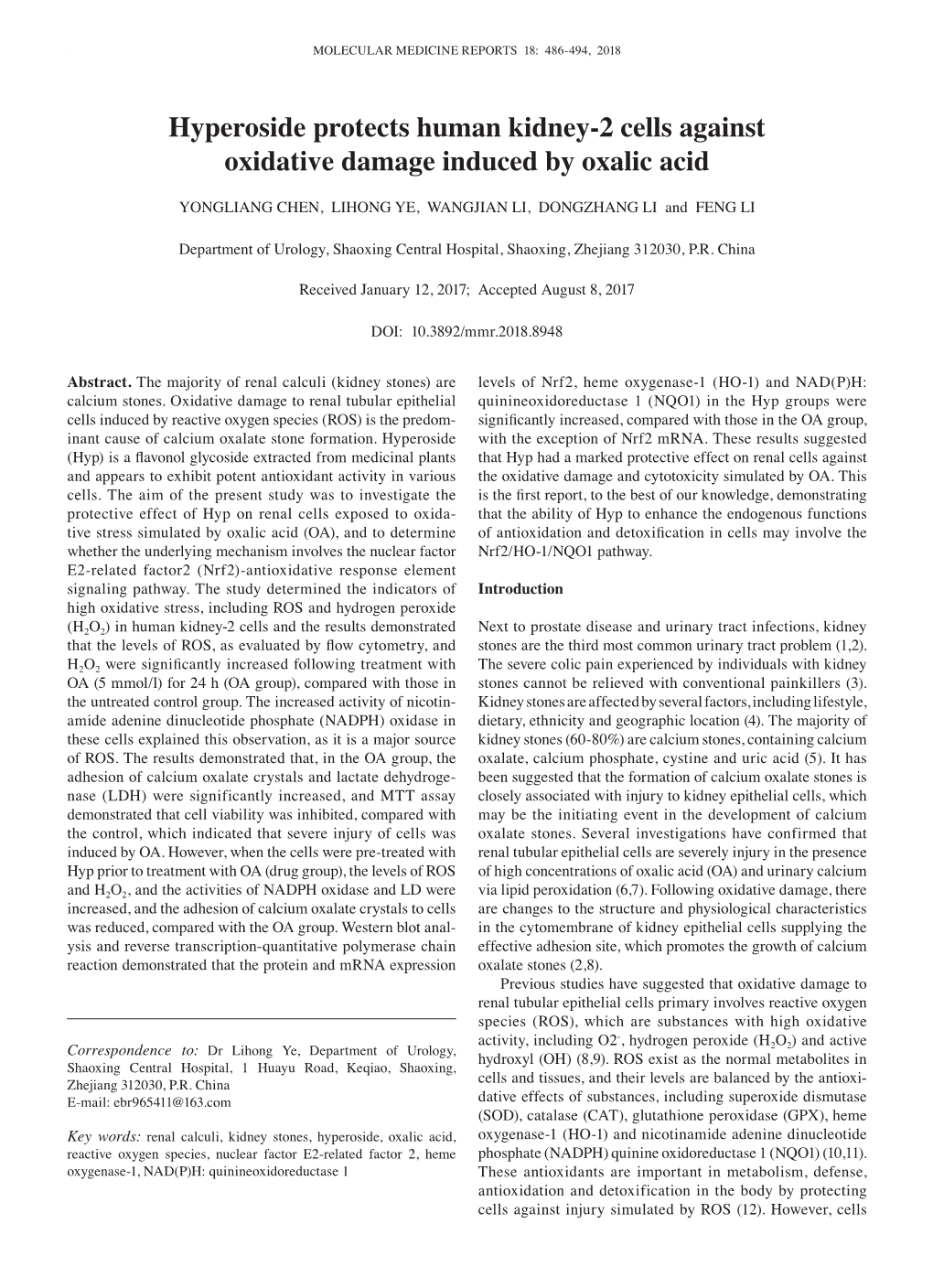 Hyperoside Protects Human Kidney‑2 Cells Against Oxidative Damage Induced by Oxalic Acid