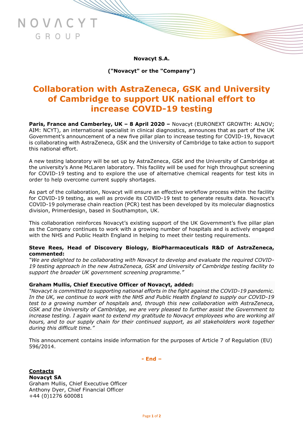 Collaboration with Astrazeneca, GSK and University of Cambridge to Support UK National Effort to Increase COVID-19 Testing