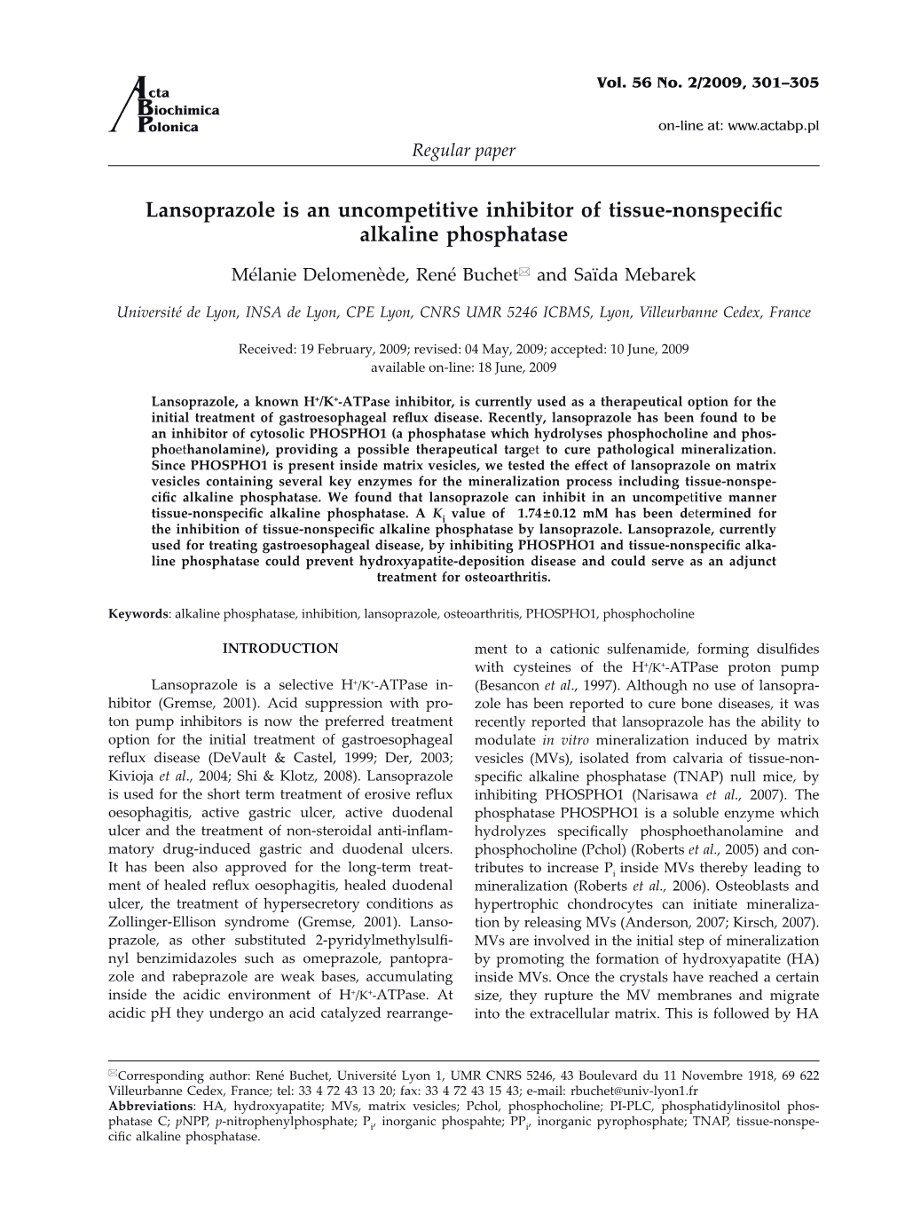 Lansoprazole Is an Uncompetitive Inhibitor of Tissue-Nonspecific Alkaline Phosphatase