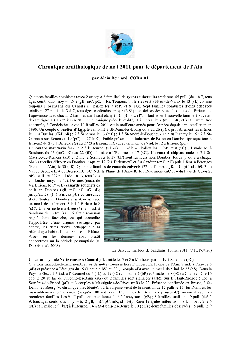 Chronique Ornithologique De Mai 2011 Pour Le Département De L’Ain
