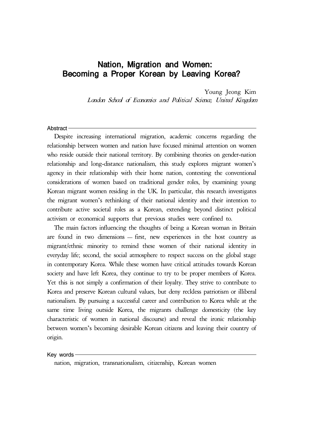 Nation, Migration and Women: Becoming a Proper Korean by Leaving Korea?