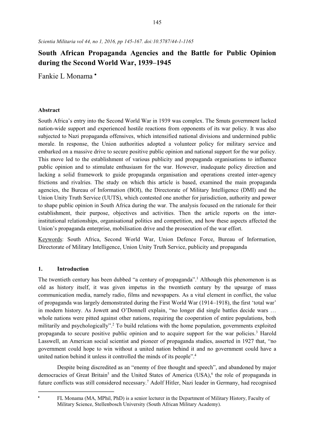 South African Propaganda Agencies and the Battle for Public Opinion During the Second World War, 1939–1945 Fankie L Monama 