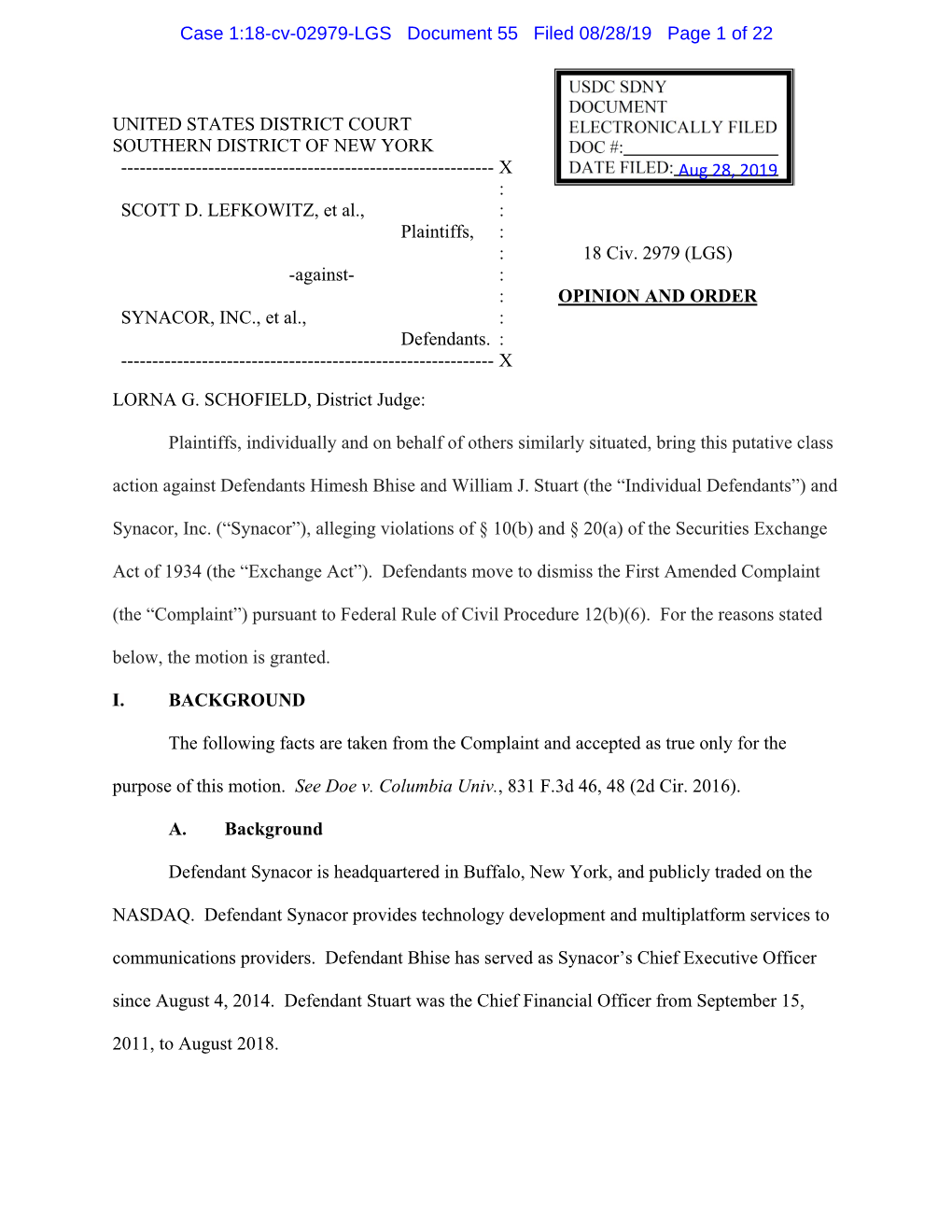 UNITED STATES DISTRICT COURT SOUTHERN DISTRICT of NEW YORK ------X Aug 28, 2019 : SCOTT D