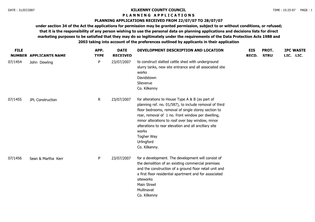 File Number Kilkenny County Council P L a N N I N G a P P L I C a T I O N S Planning Applications Received from 22/07/07 to 28