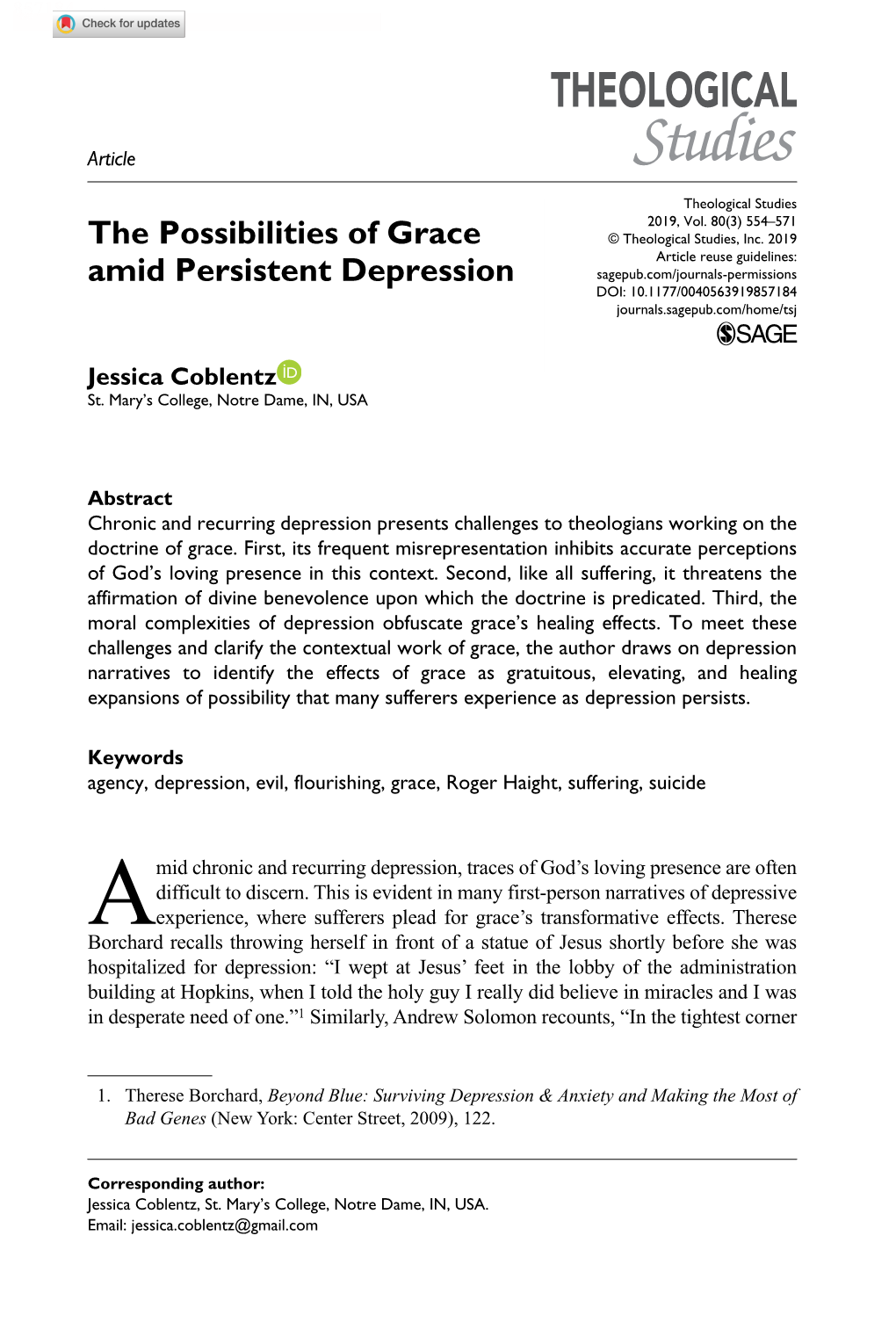 The Possibilities of Grace Amid Persistent Depression 857184Research-Article2019