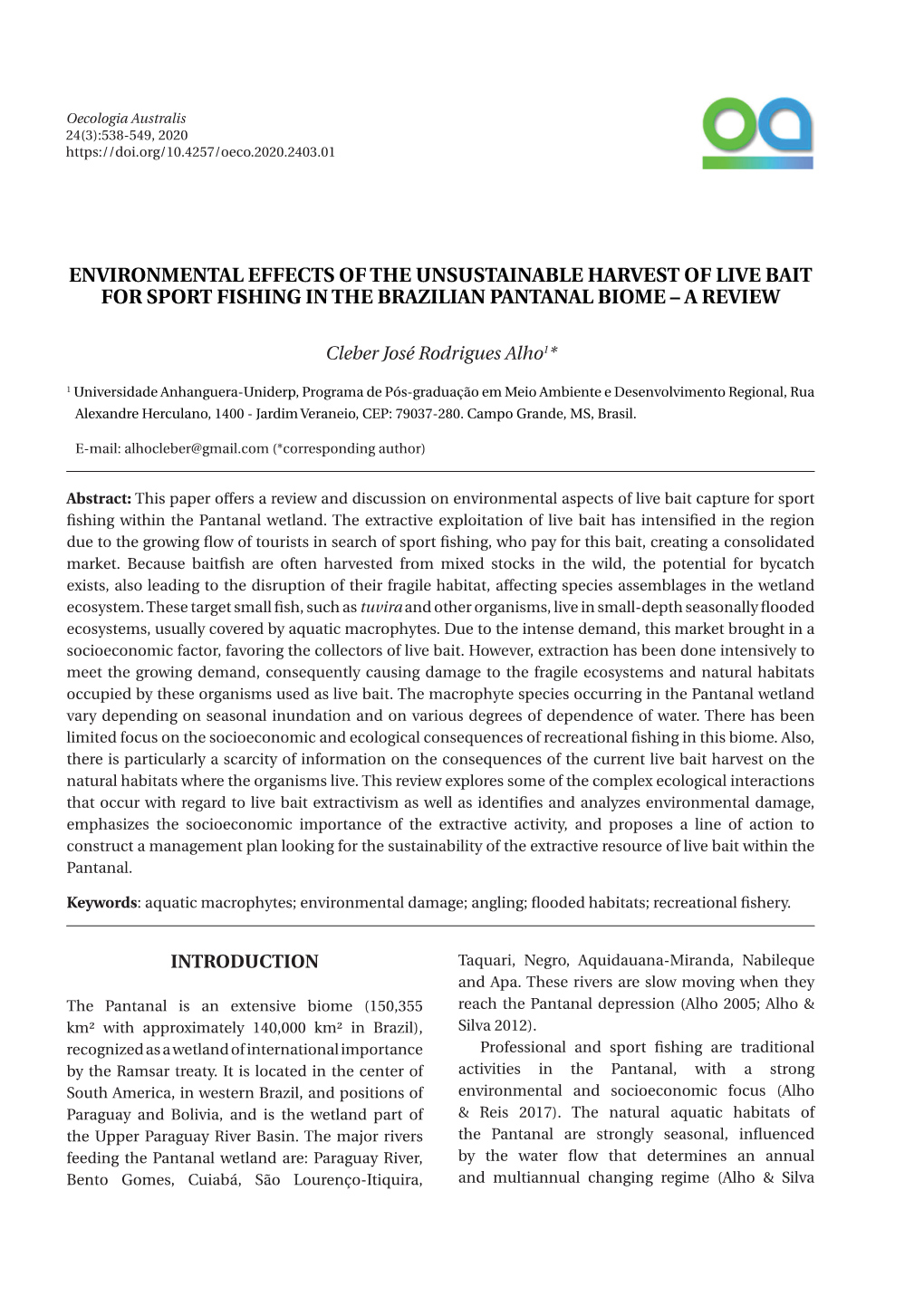 Environmental Effects of the Unsustainable Harvest of Live Bait for Sport Fishing in the Brazilian Pantanal Biome – a Review