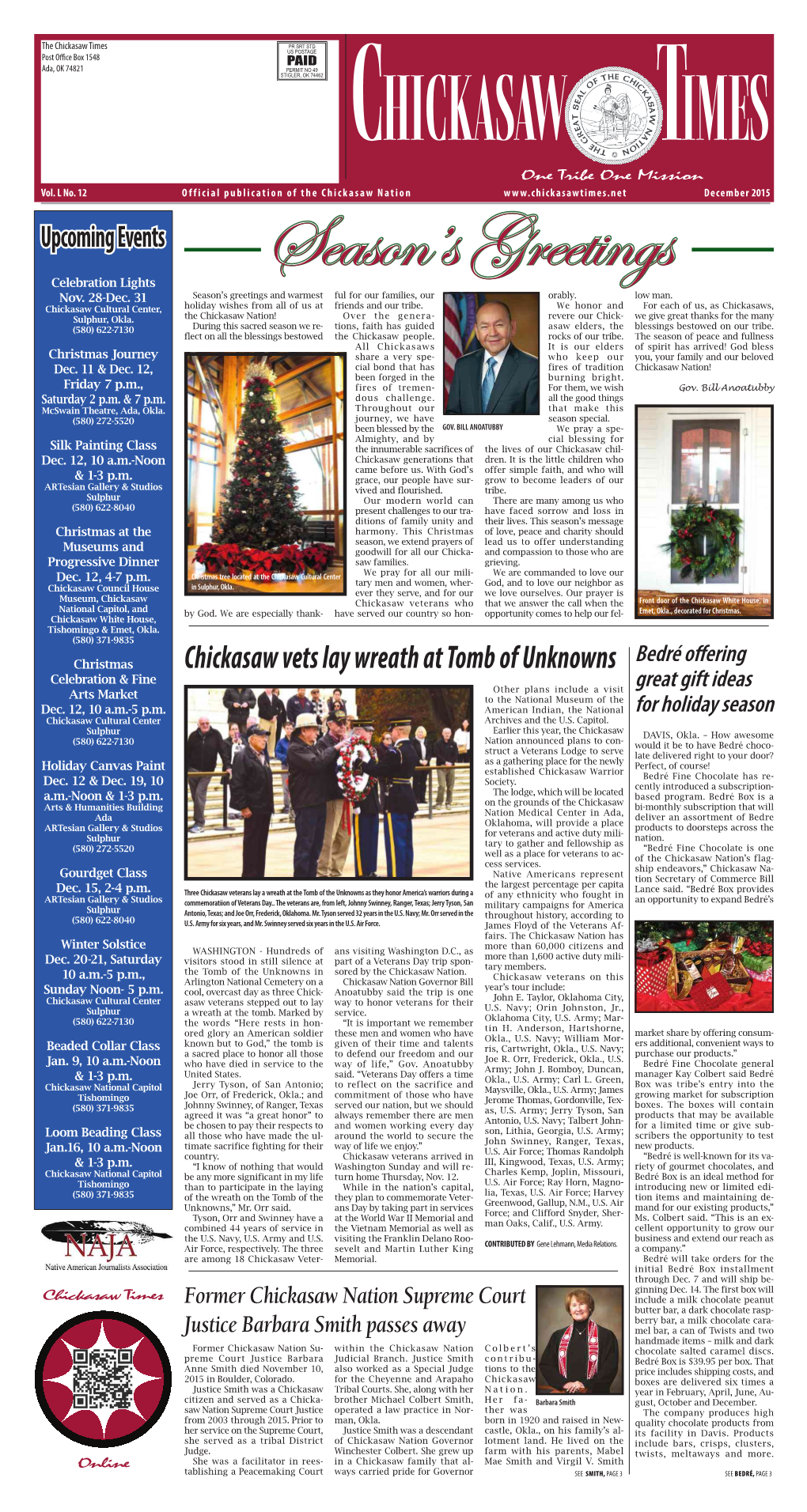Chickasaw Vets Lay Wreath at Tomb of Unknowns Celebration & Fine Other Plans Include a Visit Great Gift Ideas Arts Market to the National Museum of the Dec