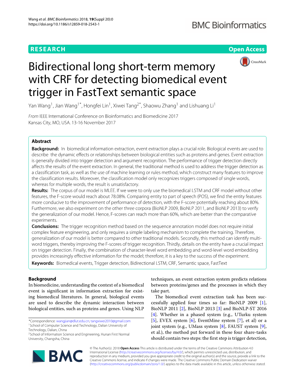 Bidirectional Long Short-Term Memory with CRF for Detecting Biomedical