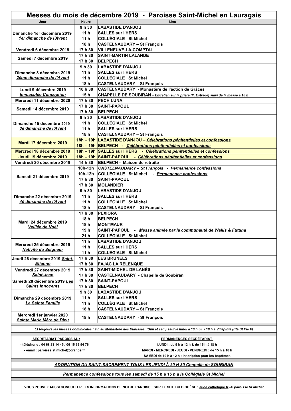 Messes Du Mois De Décembre 2019