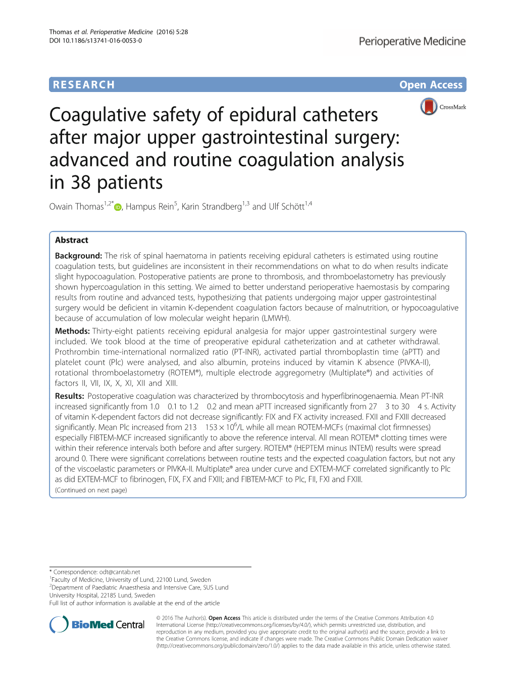 Coagulative Safety of Epidural Catheters After Major Upper Gastrointestinal Surgery: Advanced and Routine Coagulation Analysis I
