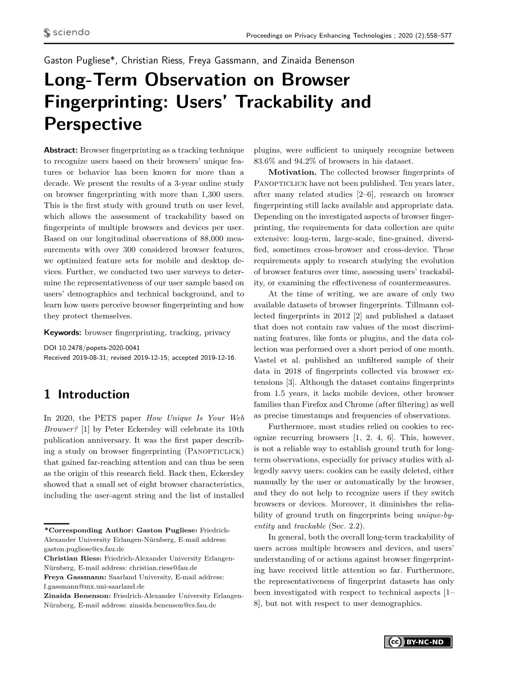 Long-Term Observation on Browser Fingerprinting: Users' Trackability