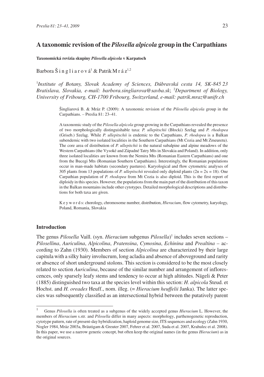 A Taxonomic Revision of the Pilosella Alpicola Group in the Carpathians