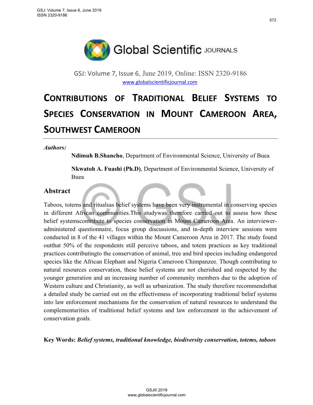 Contributions of Traditional Belief Systems to Species Conservation in Mount Cameroon Area, Southwest Cameroon