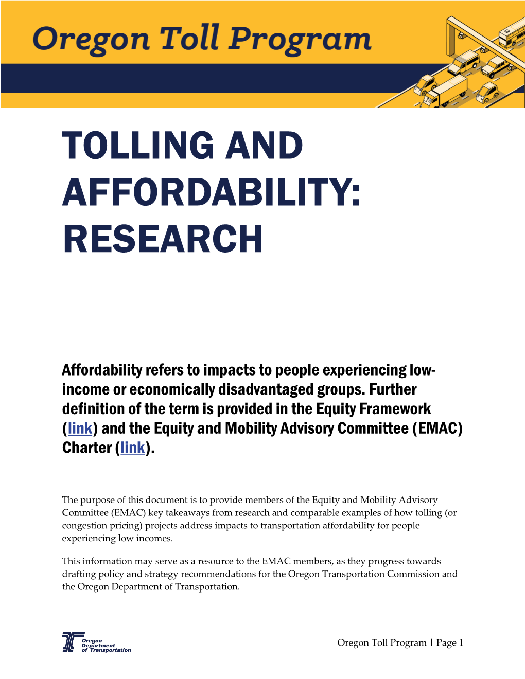 Tolling and Affordability: Research