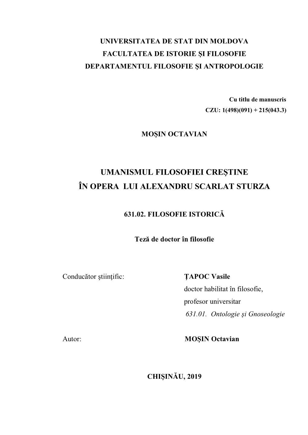 Universitatea De Stat Din Moldova Facultatea De Istorie Şi Filosofie Departamentul Filosofie Şi Antropologie