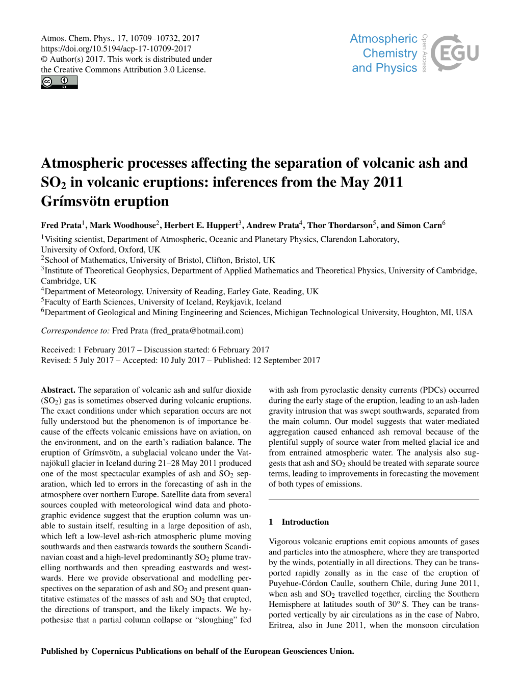 Atmospheric Processes Affecting the Separation of Volcanic Ash and SO2 in Volcanic Eruptions: Inferences from the May 2011 Grímsvötn Eruption