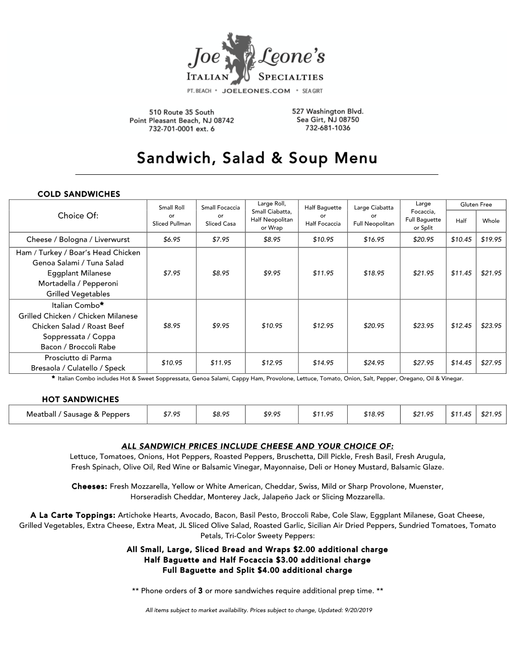 Sandwich, Salad & Soup Menu