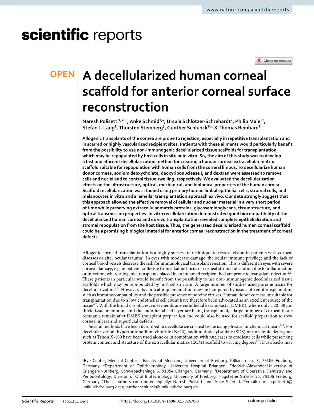 A Decellularized Human Corneal Scaffold for Anterior Corneal Surface Reconstruction