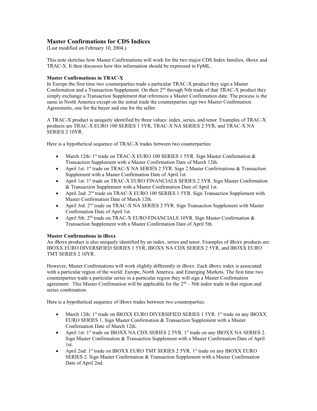 Master Confirmations for CDS Indices