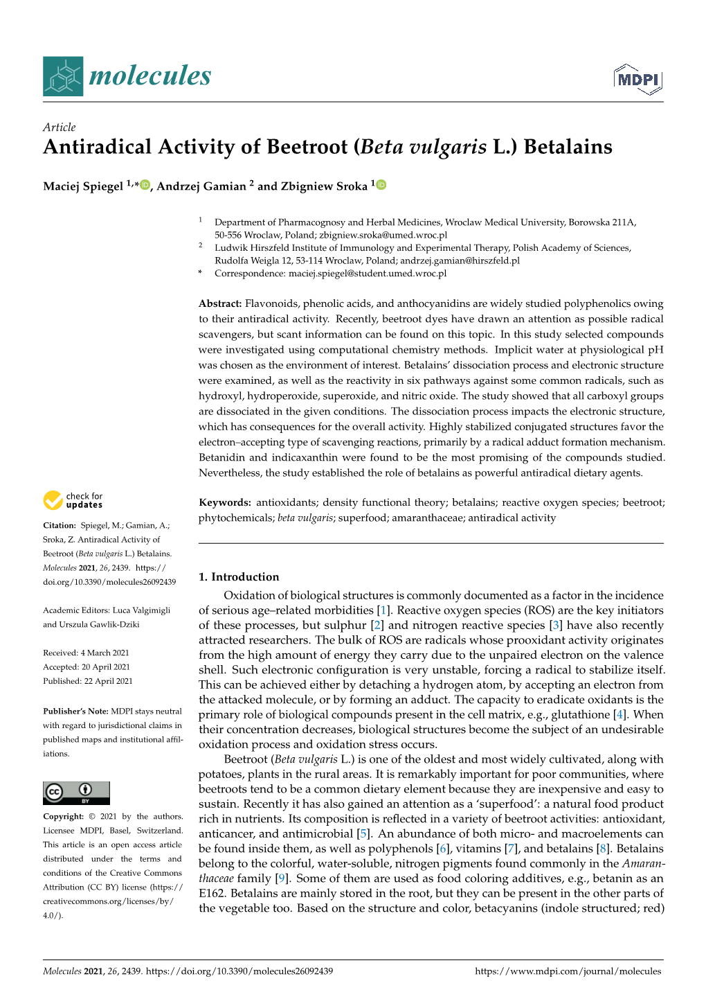 Antiradical Activity of Beetroot (Beta Vulgaris L.) Betalains