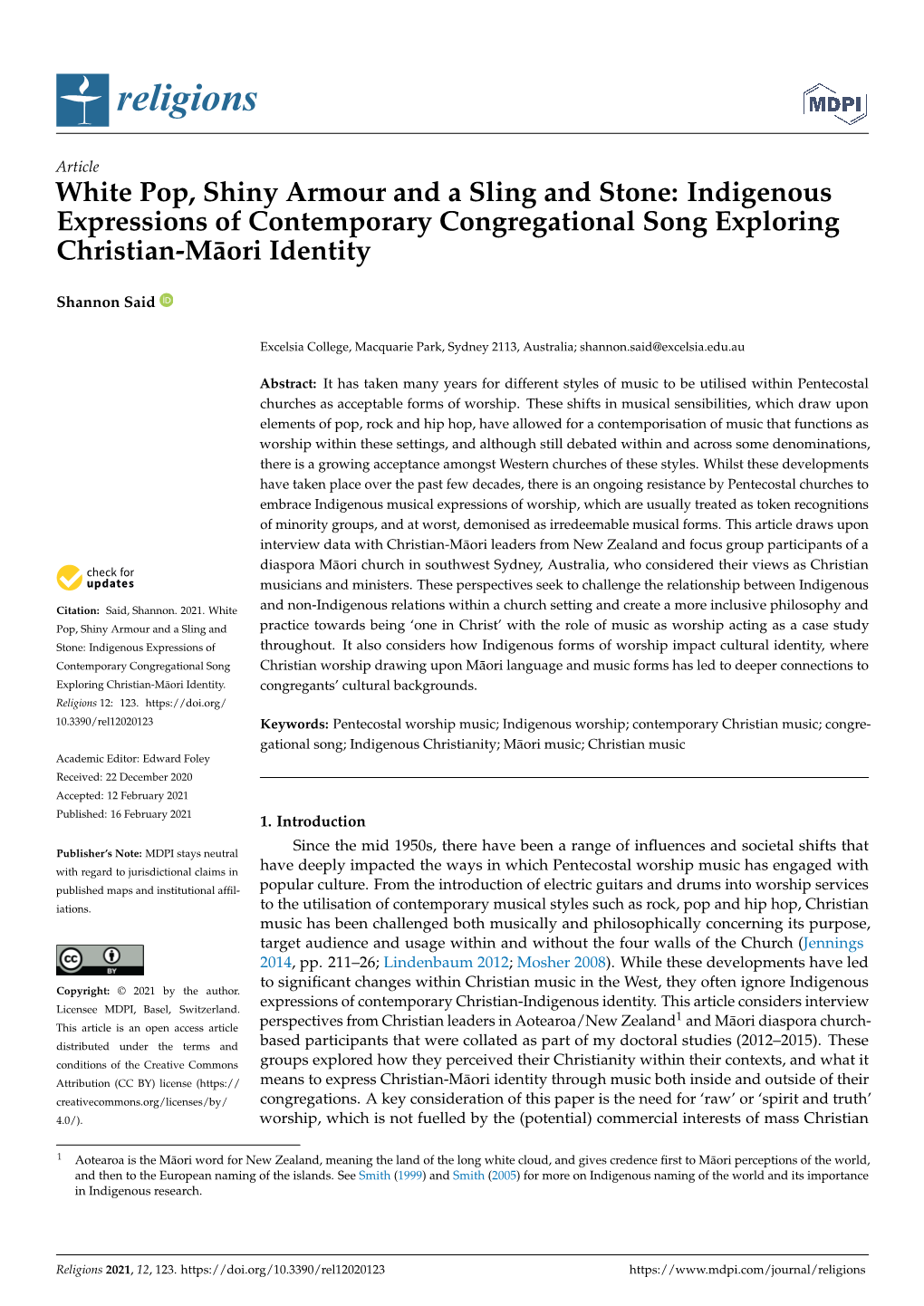 Indigenous Expressions of Contemporary Congregational Song Exploring Christian-Maori¯ Identity