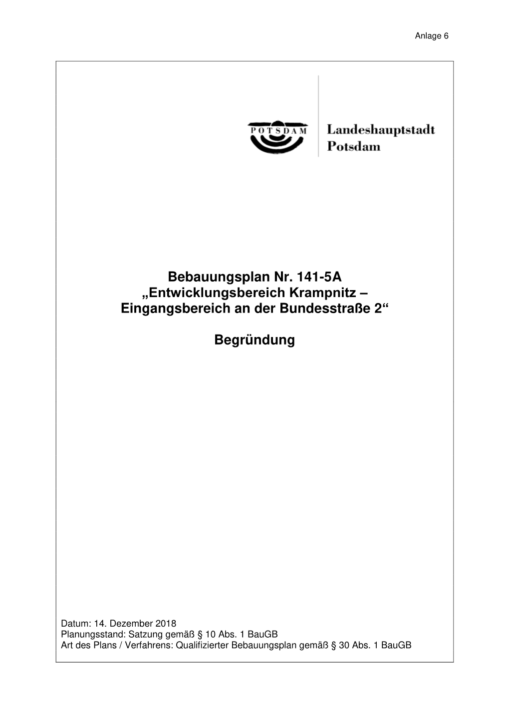 Bebauungsplan Nr. 141-5A „Entwicklungsbereich Krampnitz – Eingangsbereich an Der Bundesstraße 2“