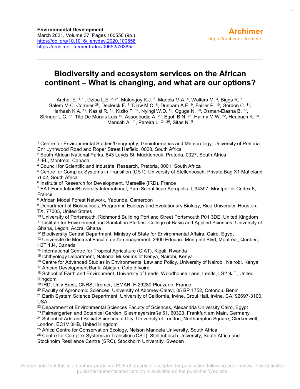 Biodiversity and Ecosystem Services on the African Continent – What Is Changing, and What Are Our Options?