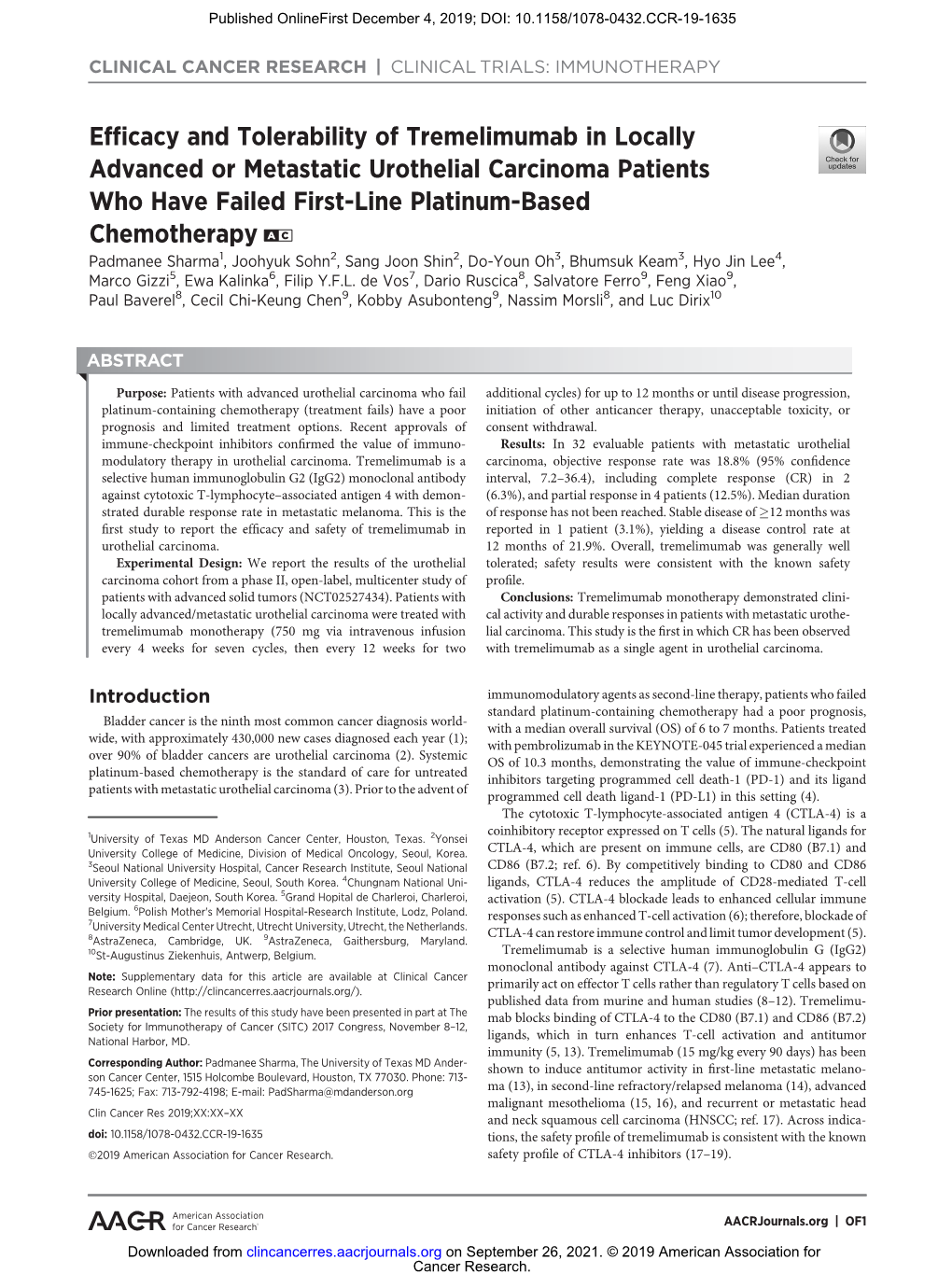 Efficacy and Tolerability of Tremelimumab in Locally Advanced Or Metastatic Urothelial Carcinoma Patients Who Have Failed First-Line Platinum-Based Chemotherapy