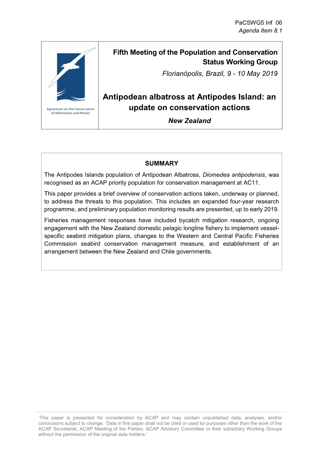 Antipodean Albatross at Antipodes Island: an Update on Conservation Actions New Zealand