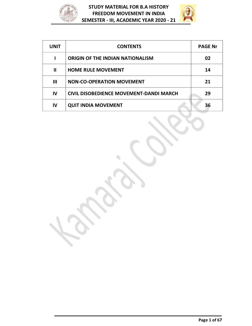 Study Material for B.A History Freedom Movement in India Semester - Iii, Academic Year 2020 - 21