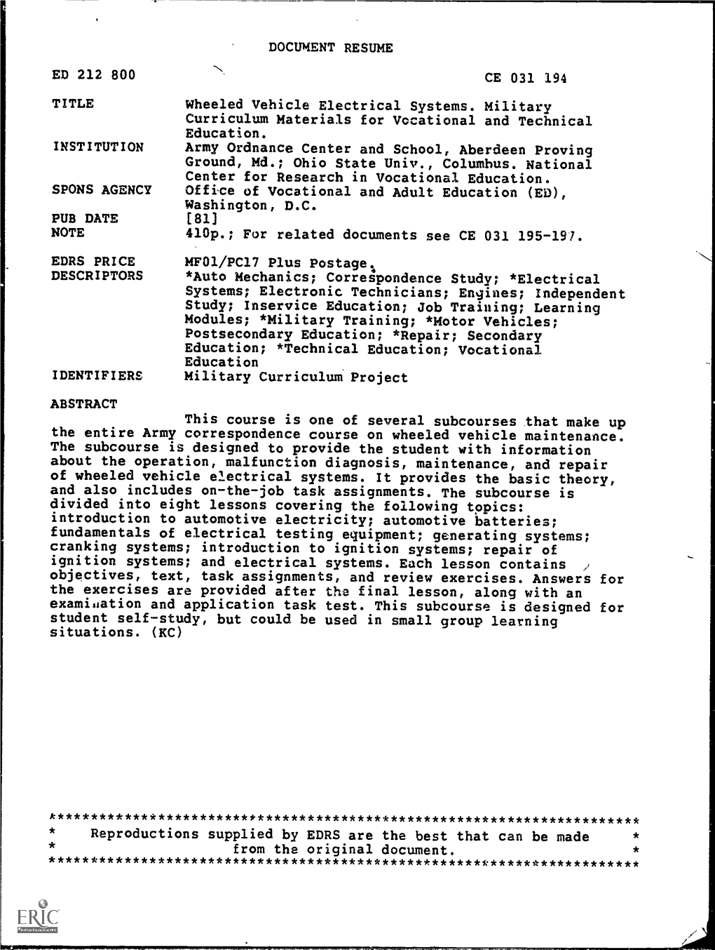 Wheeled Vehicle Electrical Systems. Military Curriculum Materials for Vocational and Technical Education