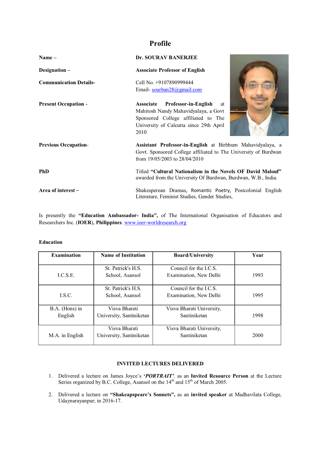 DR. SOURAV BANERJEE PROJECT LEAD TMYS REVIEW December 2021 PROFESSOR of English Literature Profile