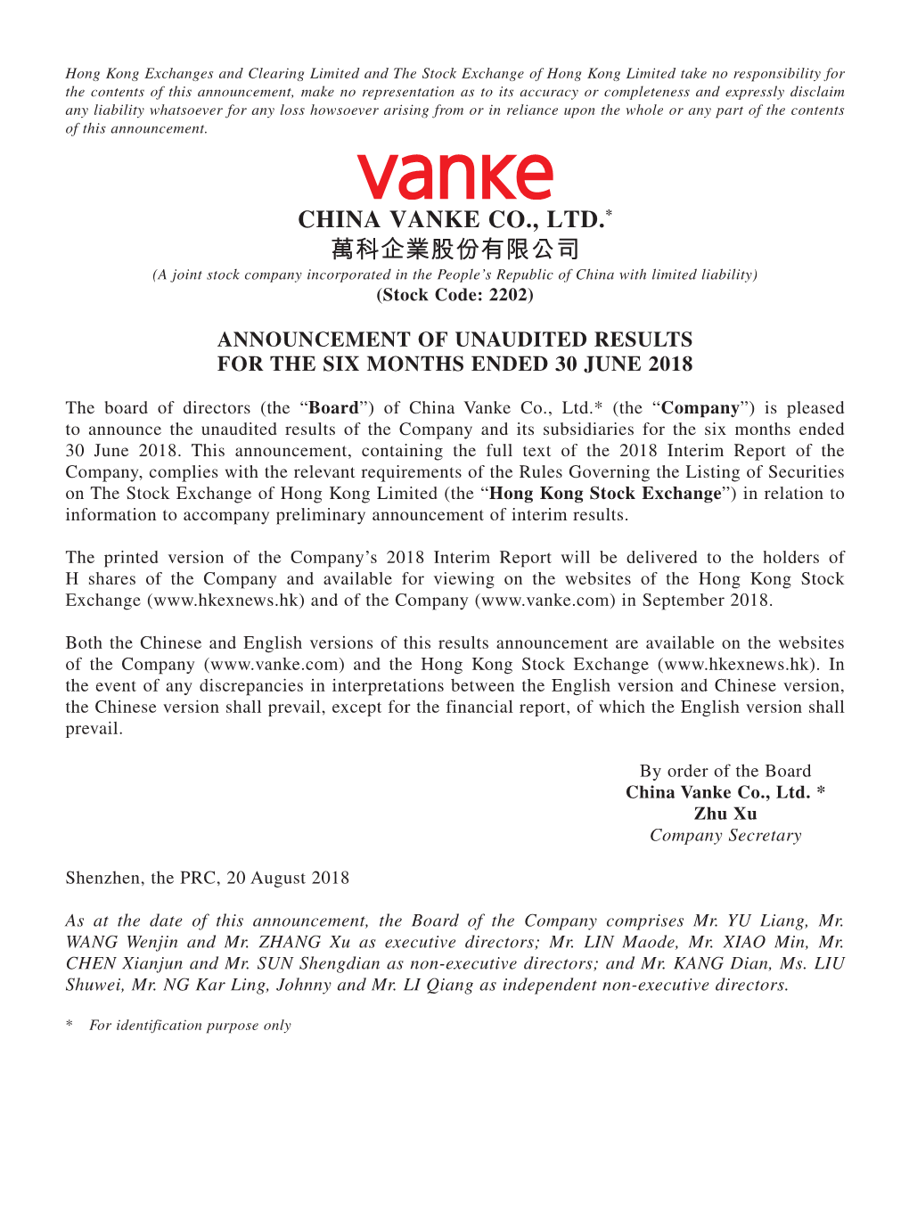 CHINA VANKE CO., LTD.* 萬科企業股份有限公司 (A Joint Stock Company Incorporated in the People’S Republic of China with Limited Liability) (Stock Code: 2202)