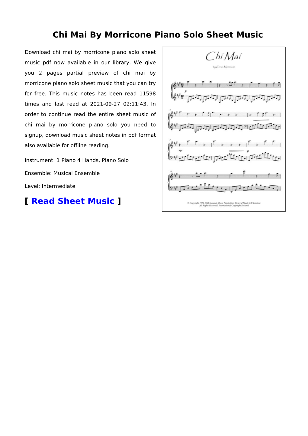 Chi Mai by Morricone Piano Solo Sheet Music
