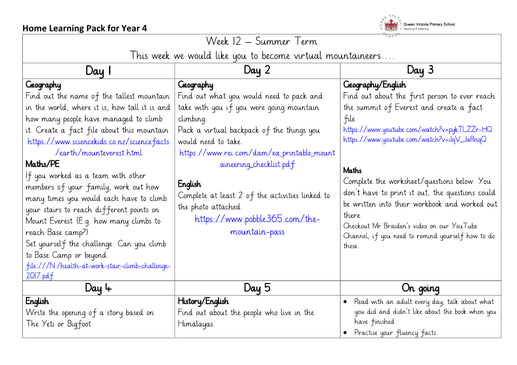 Summer Term This Week We Would Like You to Become Virtual Mountaineers…