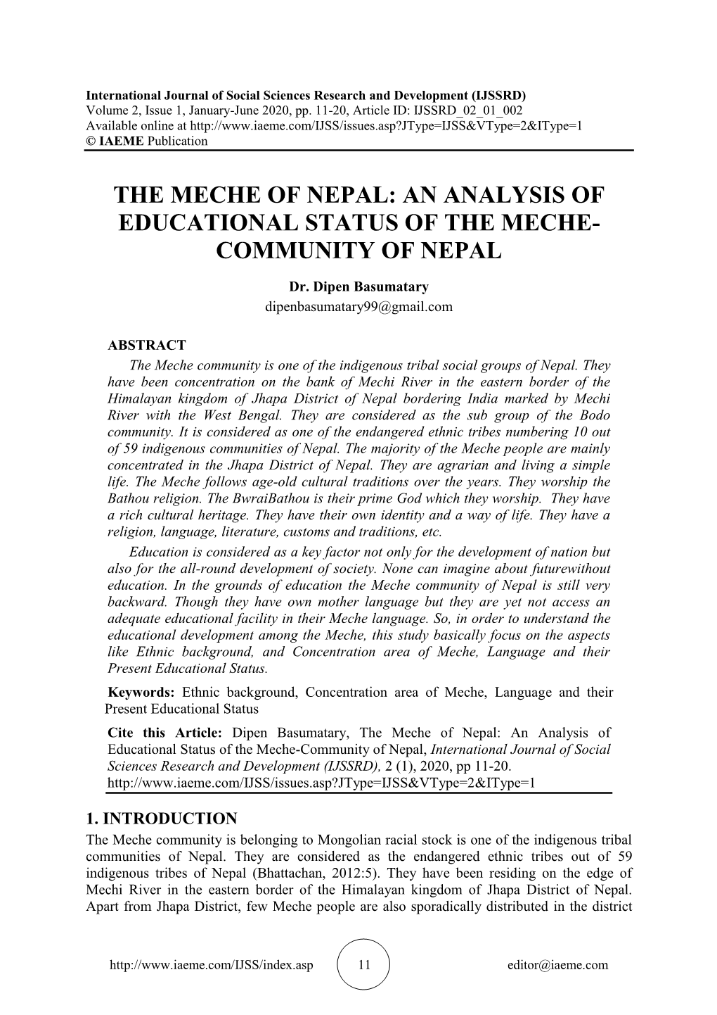 The Meche of Nepal: an Analysis of Educational Status of the Meche- Community of Nepal