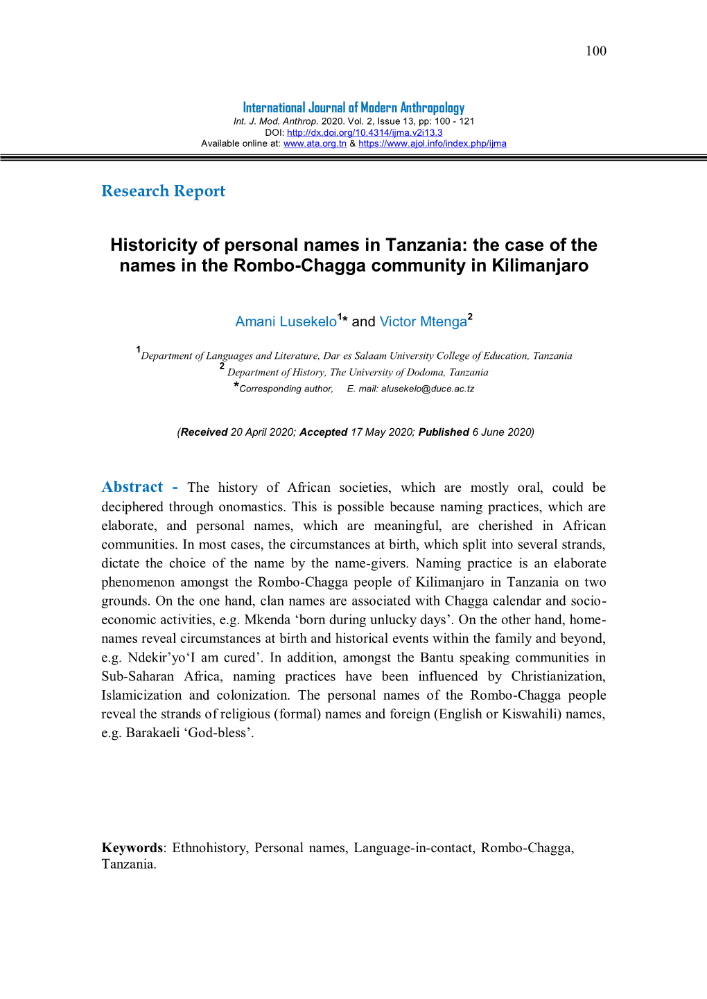 Historicity of Personal Names in Tanzania: the Case of the Names in the Rombo-Chagga Community in Kilimanjaro