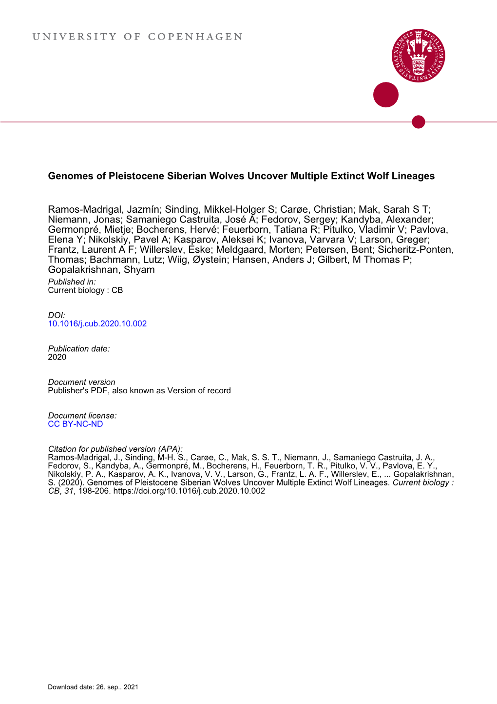 Genomes of Pleistocene Siberian Wolves Uncover Multiple Extinct Wolf Lineages