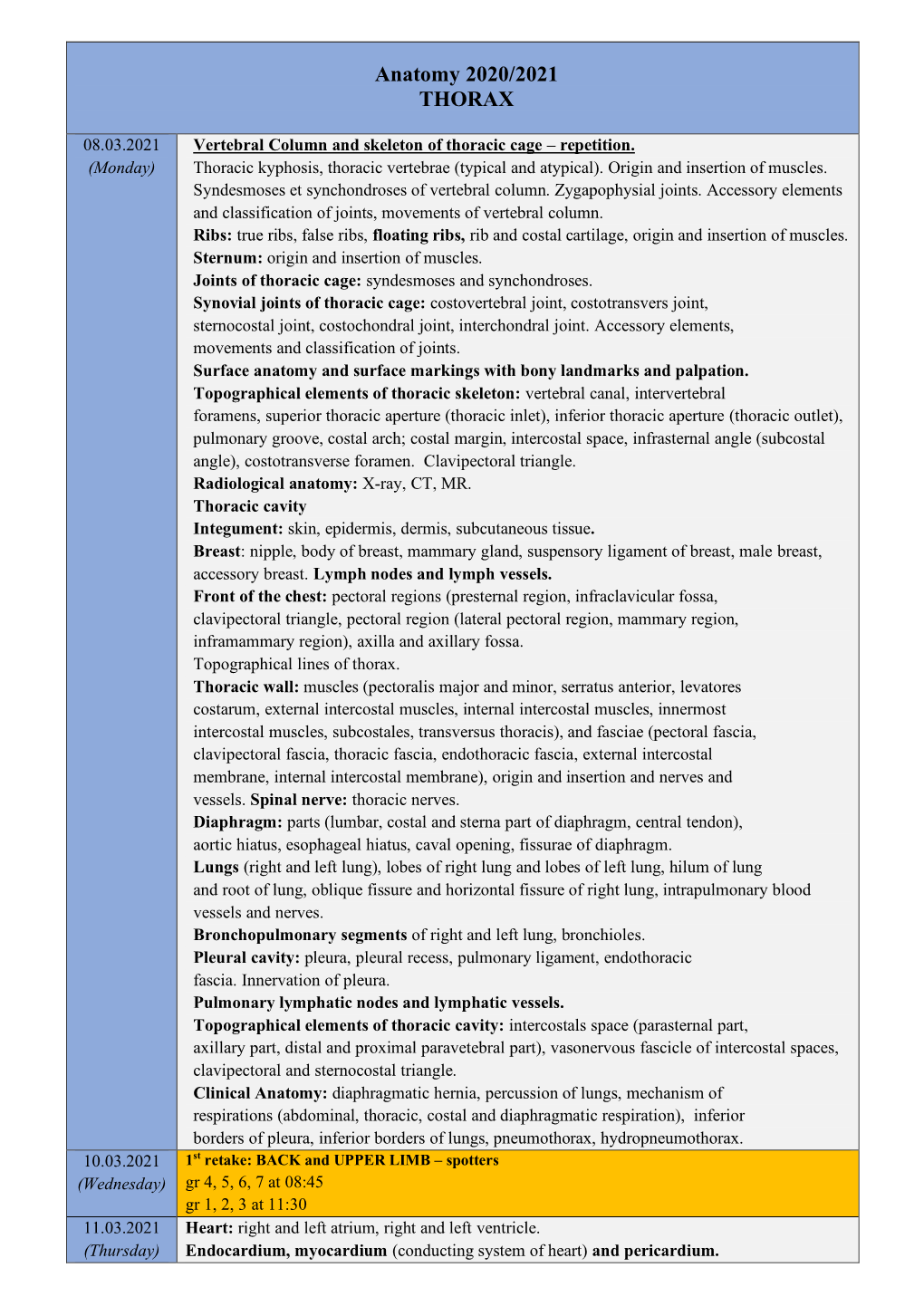 Anatomy 2020/2021 THORAX
