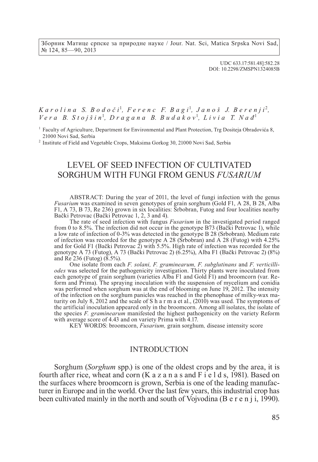 Level of Seed Infection of Cultivated Sorghum with Fungi from Genus Fusarium