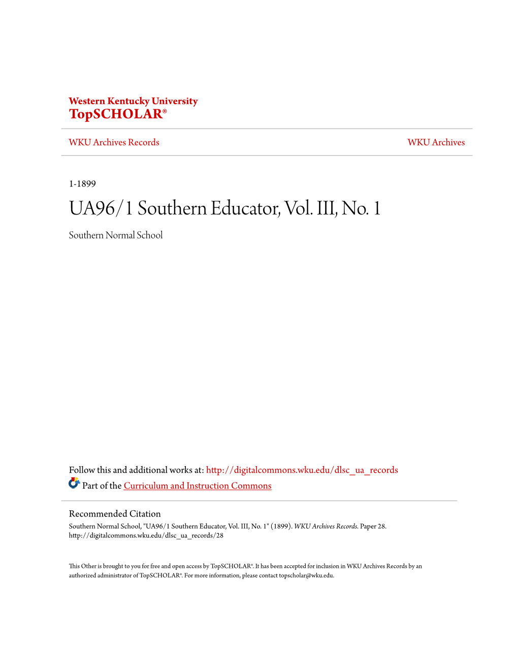 UA96/1 Southern Educator, Vol. III, No. 1 Southern Normal School